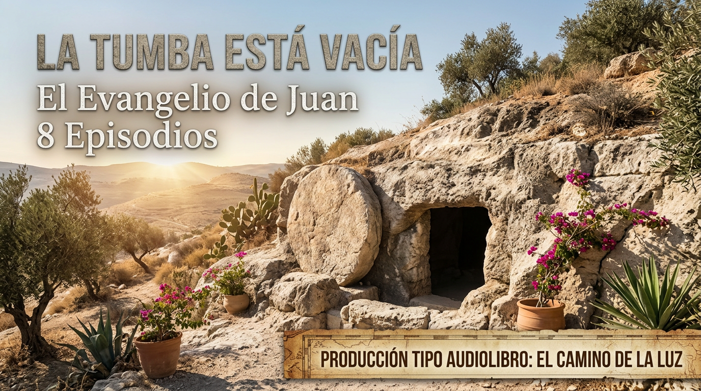 Texto: “LA TUMBA ESTÁ VACÍA. El Evangelio de Juan. 8 Episodios. PRODUCCIÓN TIPO AUDIOLIBRO: EL CAMINO DE LA LUZ”, sobre una tumba de piedra abierta.